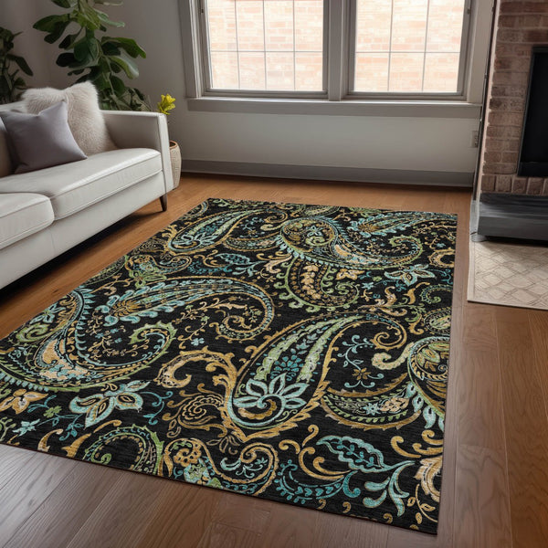 Homeroots 2' Artichoke Green Paisley Washable Indoor-outdoor Runner Rug For Easy Care And Style Black Polyester 561387