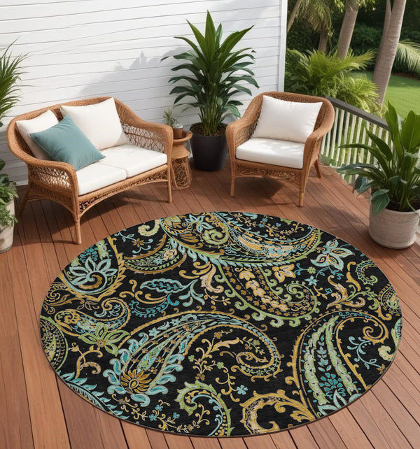 Homeroots 2' Artichoke Green Paisley Washable Indoor-outdoor Runner Rug For Easy Care And Style Black Polyester 561388