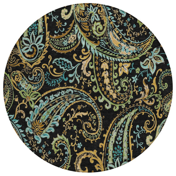 HomeRoots 5' Stylish Paisley Area Rug - Washable, Durable, UV-Resistant for Indoor & Outdoor Spaces Black 561388