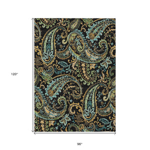 Homeroots 8' X 10' Black And Gold Paisley Washable Non Skid Indoor Outdoor Area Rug Black Polyester 561389