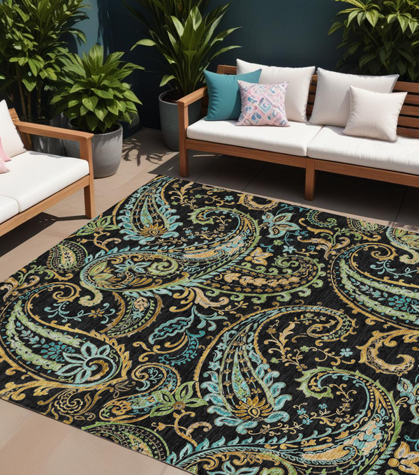 Homeroots 9' X 12' Black And Gold Paisley Washable Non Skid Indoor Outdoor Area Rug Black Polyester 561390