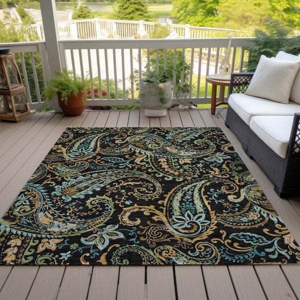 Homeroots 9' X 12' Black And Gold Paisley Washable Non Skid Indoor Outdoor Area Rug Black Polyester 561390
