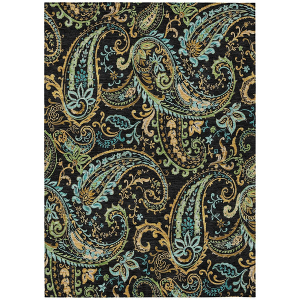 HomeRoots 5' Stylish Paisley Area Rug - Washable, Durable, UV-Resistant for Indoor & Outdoor Spaces Black 561390
