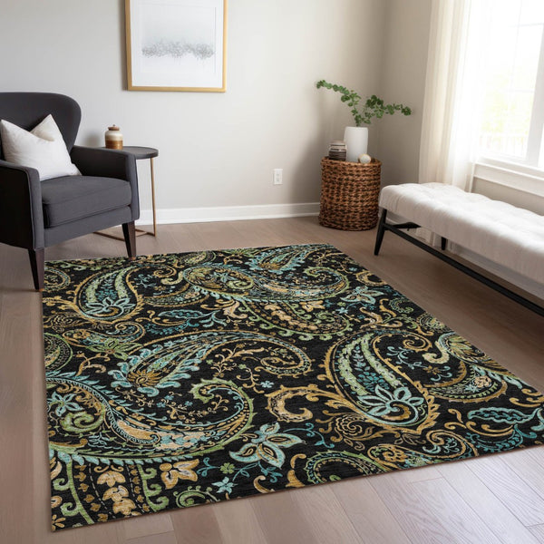HomeRoots 5' Stylish Paisley Area Rug - Washable, Durable, UV-Resistant for Indoor & Outdoor Spaces Black 561390