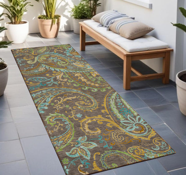Homeroots 2' Artichoke Green Paisley Washable Indoor-outdoor Runner Rug For Easy Care And Style Chocolate Polyester 561393