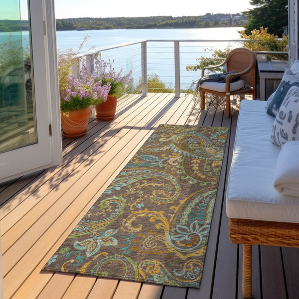 Homeroots 2' Artichoke Green Paisley Washable Indoor-outdoor Runner Rug For Easy Care And Style Chocolate Polyester 561393