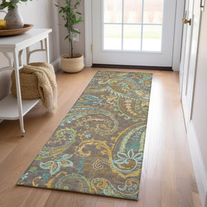 Homeroots 2' Artichoke Green Paisley Washable Indoor-outdoor Runner Rug For Easy Care And Style Chocolate Polyester 561393