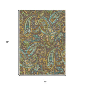 Homeroots 2' Artichoke Green Paisley Washable Indoor-outdoor Runner Rug For Easy Care And Style Chocolate Polyester 561395