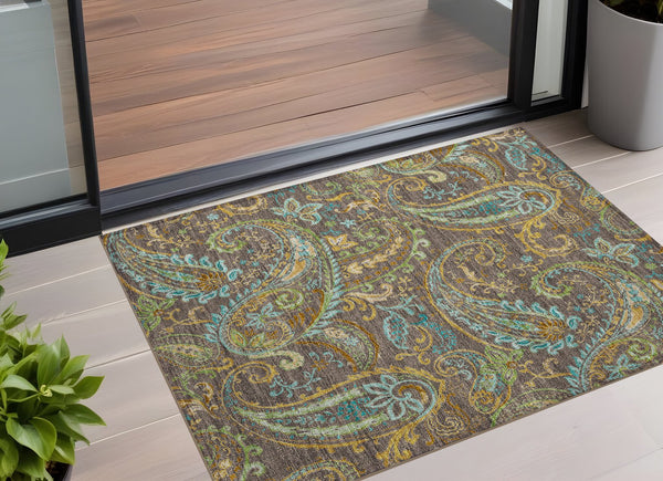 Homeroots 2' Artichoke Green Paisley Washable Indoor-outdoor Runner Rug For Easy Care And Style Chocolate Polyester 561395