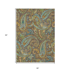 Homeroots 5' X 8' Brown Aqua And Gold Paisley Washable Non Skid Indoor Outdoor Area Rug Chocolate Polyester 561396