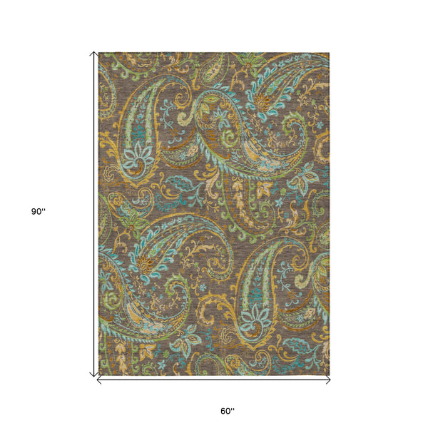 Homeroots 5' X 8' Brown Aqua And Gold Paisley Washable Non Skid Indoor Outdoor Area Rug Chocolate Polyester 561396