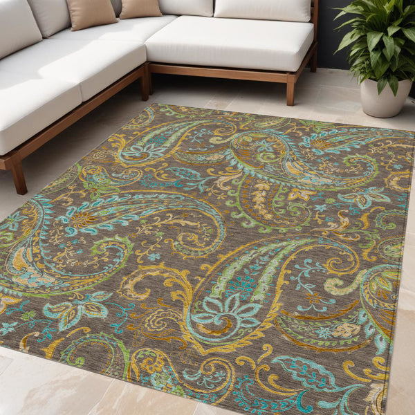 Homeroots 5' X 8' Brown Aqua And Gold Paisley Washable Non Skid Indoor Outdoor Area Rug Chocolate Polyester 561396