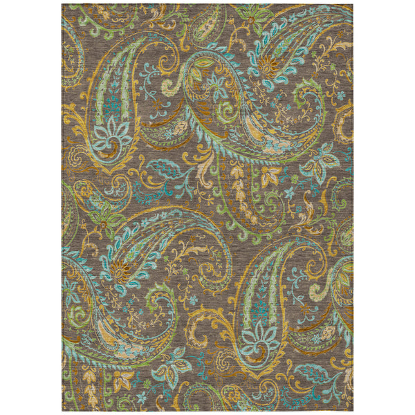 Homeroots 5' X 8' Brown Aqua And Gold Paisley Washable Non Skid Indoor Outdoor Area Rug Chocolate Polyester 561396