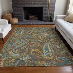 Homeroots 5' X 8' Brown Aqua And Gold Paisley Washable Non Skid Indoor Outdoor Area Rug Chocolate Polyester 561396