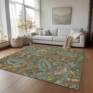 Homeroots 5' X 8' Brown Aqua And Gold Paisley Washable Non Skid Indoor Outdoor Area Rug Chocolate Polyester 561396