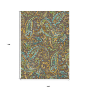 Homeroots 9' X 12' Brown Aqua And Gold Paisley Washable Non Skid Indoor Outdoor Area Rug Chocolate Polyester 561399