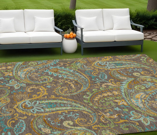 Homeroots 9' X 12' Brown Aqua And Gold Paisley Washable Non Skid Indoor Outdoor Area Rug Chocolate Polyester 561399