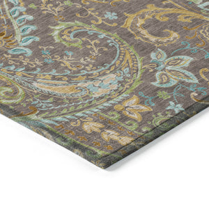 Homeroots 9' X 12' Brown Aqua And Gold Paisley Washable Non Skid Indoor Outdoor Area Rug Chocolate Polyester 561399