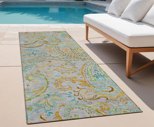 Homeroots 2' Artichoke Green Paisley Washable Indoor-outdoor Runner Rug For Easy Care And Style Gray Polyester 561402
