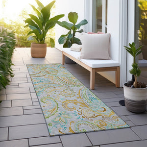 Homeroots 2' Artichoke Green Paisley Washable Indoor-outdoor Runner Rug For Easy Care And Style Gray Polyester 561402