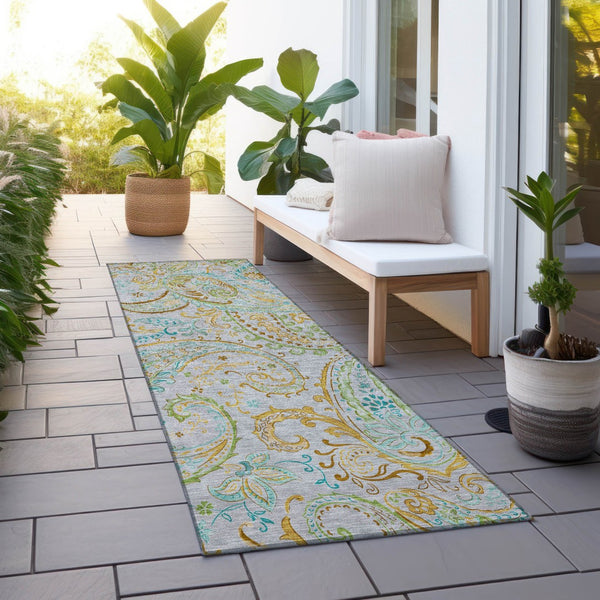Homeroots 2' Artichoke Green Paisley Washable Indoor-outdoor Runner Rug For Easy Care And Style Gray Polyester 561402