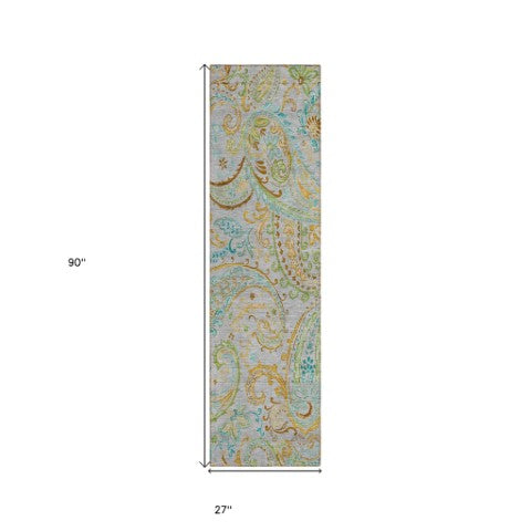 Homeroots 2' Artichoke Green Paisley Washable Indoor-outdoor Runner Rug For Easy Care And Style Gray Polyester 561402