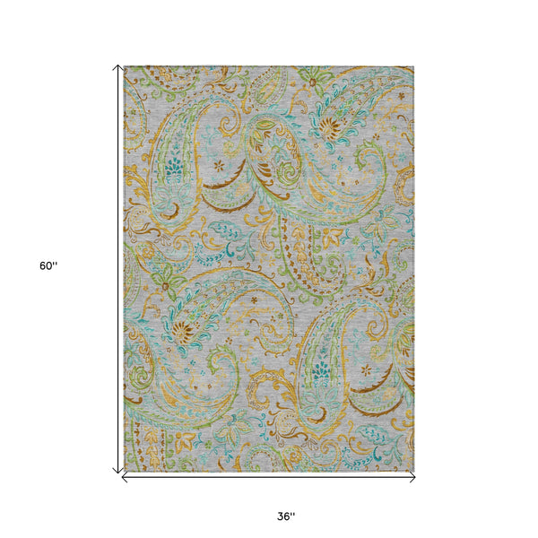 Homeroots 3' X 5' Gray And Gold Paisley Washable Non Skid Indoor Outdoor Area Rug Gray Polyester 561404