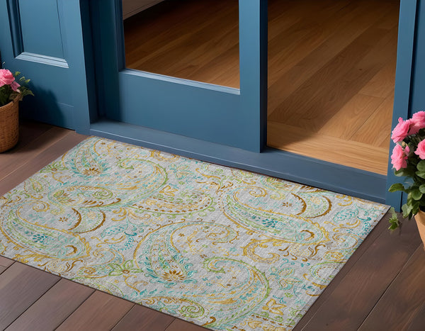 Homeroots 3' X 5' Gray And Gold Paisley Washable Non Skid Indoor Outdoor Area Rug Gray Polyester 561404