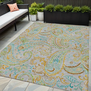 Homeroots 5' X 8' Gray And Gold Paisley Washable Non Skid Indoor Outdoor Area Rug Gray Polyester 561405