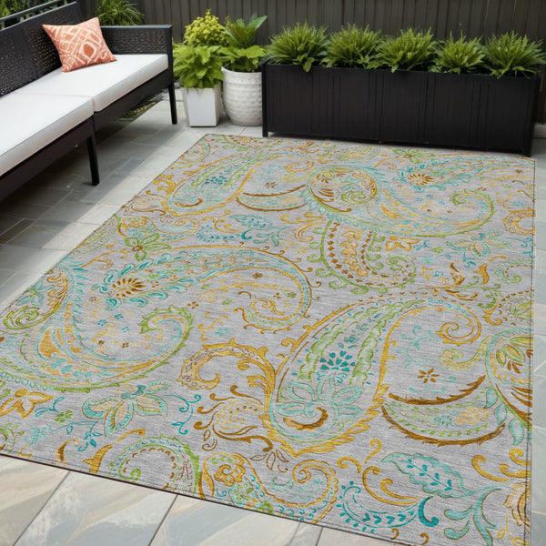 Homeroots 5' X 8' Gray And Gold Paisley Washable Non Skid Indoor Outdoor Area Rug Gray Polyester 561405