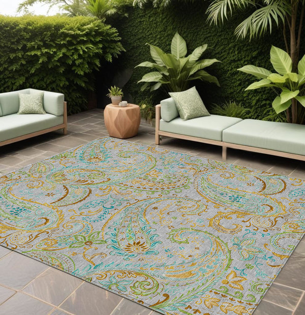 Homeroots 10' X 14' Gray And Gold Paisley Washable Non Skid Indoor Outdoor Area Rug Gray Polyester 561409