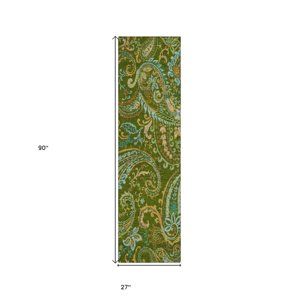 Homeroots 8' Runner Green Paisley Washable Non Skid Indoor Outdoor Runner Rug Green Polyester 561411