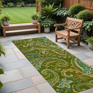 Homeroots 8' Runner Green Paisley Washable Non Skid Indoor Outdoor Runner Rug Green Polyester 561411