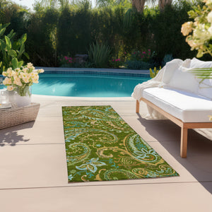 Homeroots 8' Runner Green Paisley Washable Non Skid Indoor Outdoor Runner Rug Green Polyester 561411