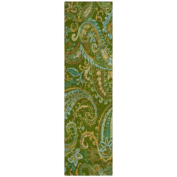 Homeroots 8' Runner Green Paisley Washable Non Skid Indoor Outdoor Runner Rug Green Polyester 561411