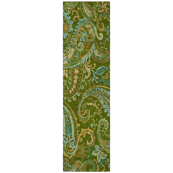Homeroots 8' Runner Green Paisley Washable Non Skid Indoor Outdoor Runner Rug Green Polyester 561411