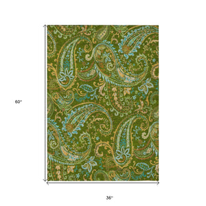 Homeroots 3' X 5' Green Paisley Washable Non Skid Indoor Outdoor Area Rug Green Polyester 561413