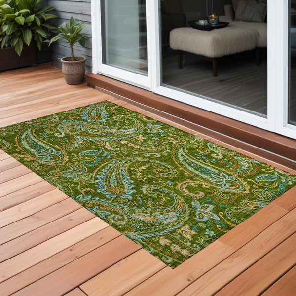 Homeroots 3' X 5' Green Paisley Washable Non Skid Indoor Outdoor Area Rug Green Polyester 561413