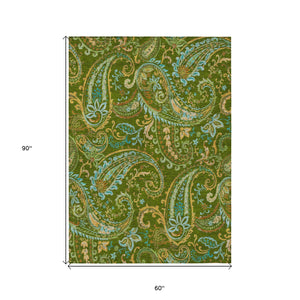 Homeroots 5' X 8' Green Paisley Washable Non Skid Indoor Outdoor Area Rug Green Polyester 561414