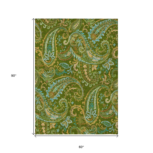 Homeroots 5' X 8' Green Paisley Washable Non Skid Indoor Outdoor Area Rug Green Polyester 561414