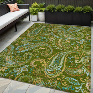 Homeroots 5' X 8' Green Paisley Washable Non Skid Indoor Outdoor Area Rug Green Polyester 561414