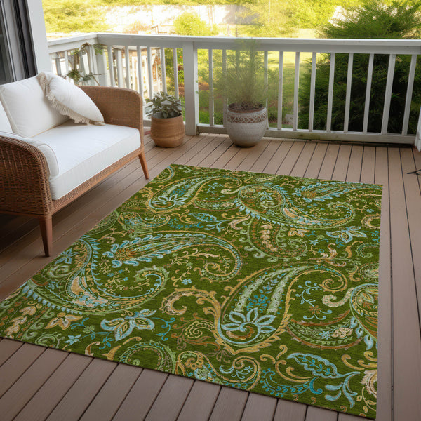 Homeroots 5' X 8' Green Paisley Washable Non Skid Indoor Outdoor Area Rug Green Polyester 561414
