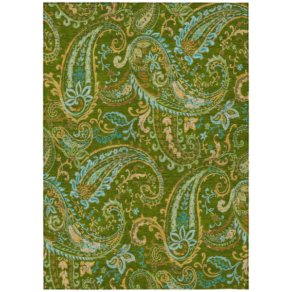 Homeroots 5' X 8' Green Paisley Washable Non Skid Indoor Outdoor Area Rug Green Polyester 561414