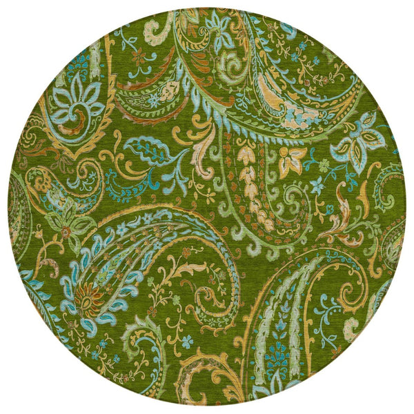 HomeRoots 5' Stylish Paisley Area Rug - Washable, Durable, UV-Resistant for Indoor & Outdoor Spaces Green 561415