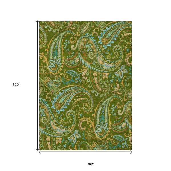 Homeroots 8' X 10' Green Paisley Washable Non Skid Indoor Outdoor Area Rug Green Polyester 561416