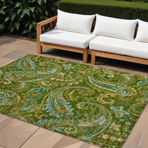 Homeroots 2' Artichoke Green Paisley Washable Indoor-outdoor Runner Rug For Easy Care And Style Green Polyester 561417