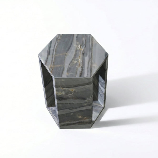 English Elm Genuine Solid Marble Hexagonal Pedestal End Table Polished Stone for Modern Living Blue+Multi W1696P407997