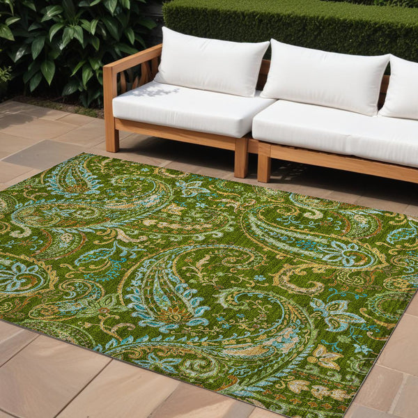 Homeroots 2' Artichoke Green Paisley Washable Indoor-outdoor Runner Rug For Easy Care And Style Green Polyester 561418