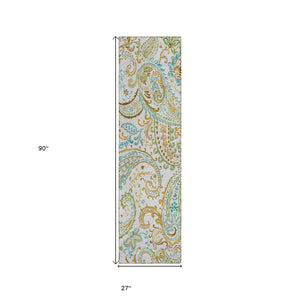 Homeroots 8' Runner Ivory And Gold Paisley Washable Non Skid Indoor Outdoor Runner Rug Ivory Polyester 561420