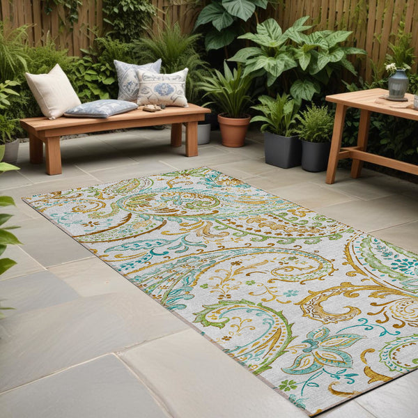 Homeroots 8' Runner Ivory And Gold Paisley Washable Non Skid Indoor Outdoor Runner Rug Ivory Polyester 561420